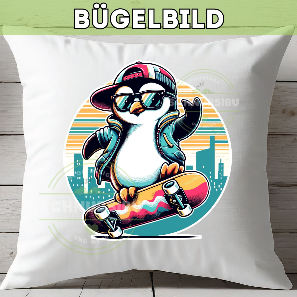 Bügelbild Pinguin auf Skateboard